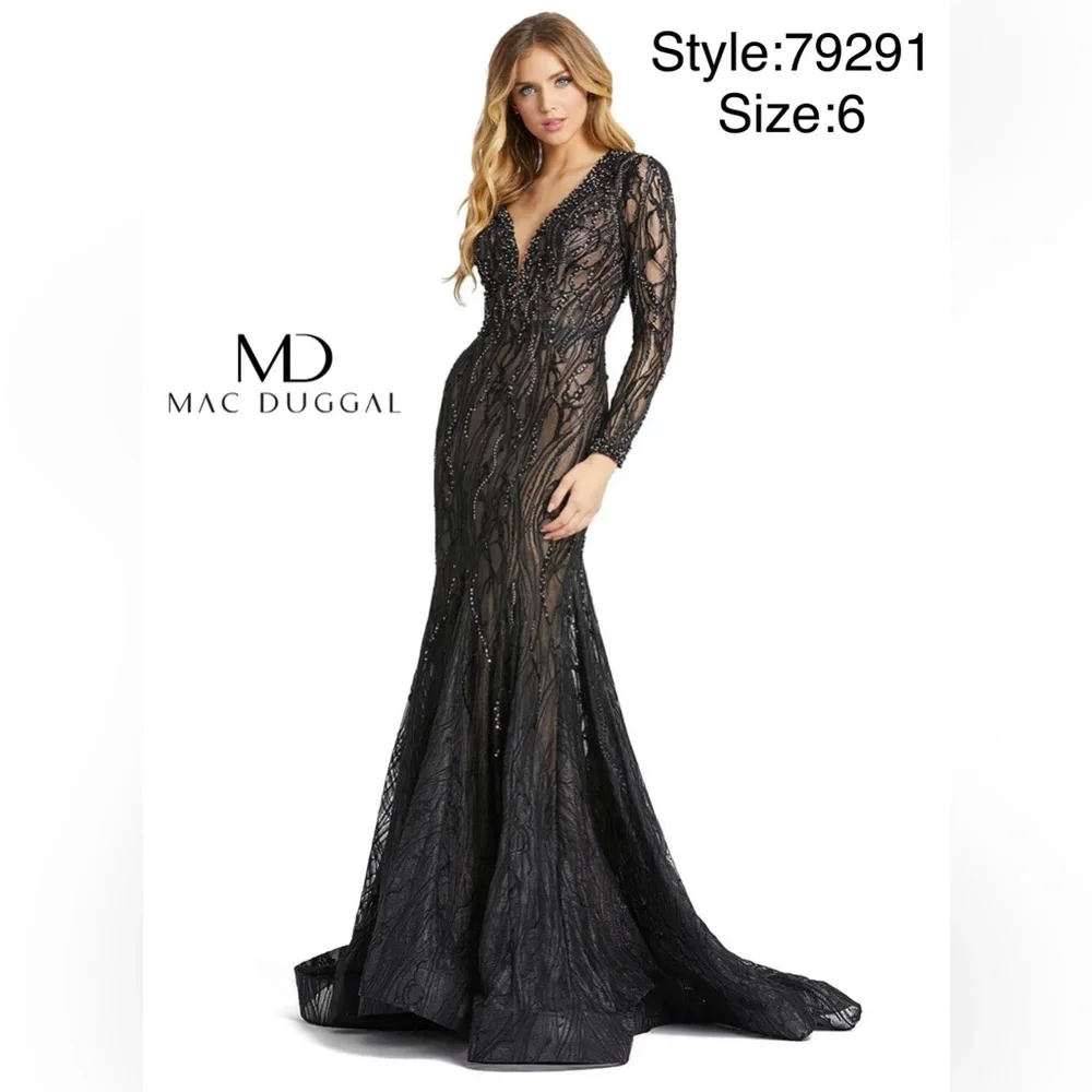 Long sleeve beaded plunge neck lace gown - Picture 1 of 3